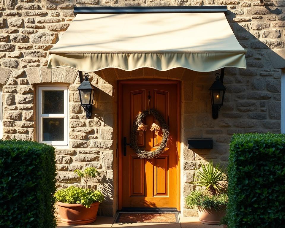 UK summer house entrance with awning