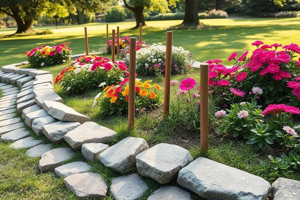 Garden Bed Edging Using Natural Stone, Wood, and Plants