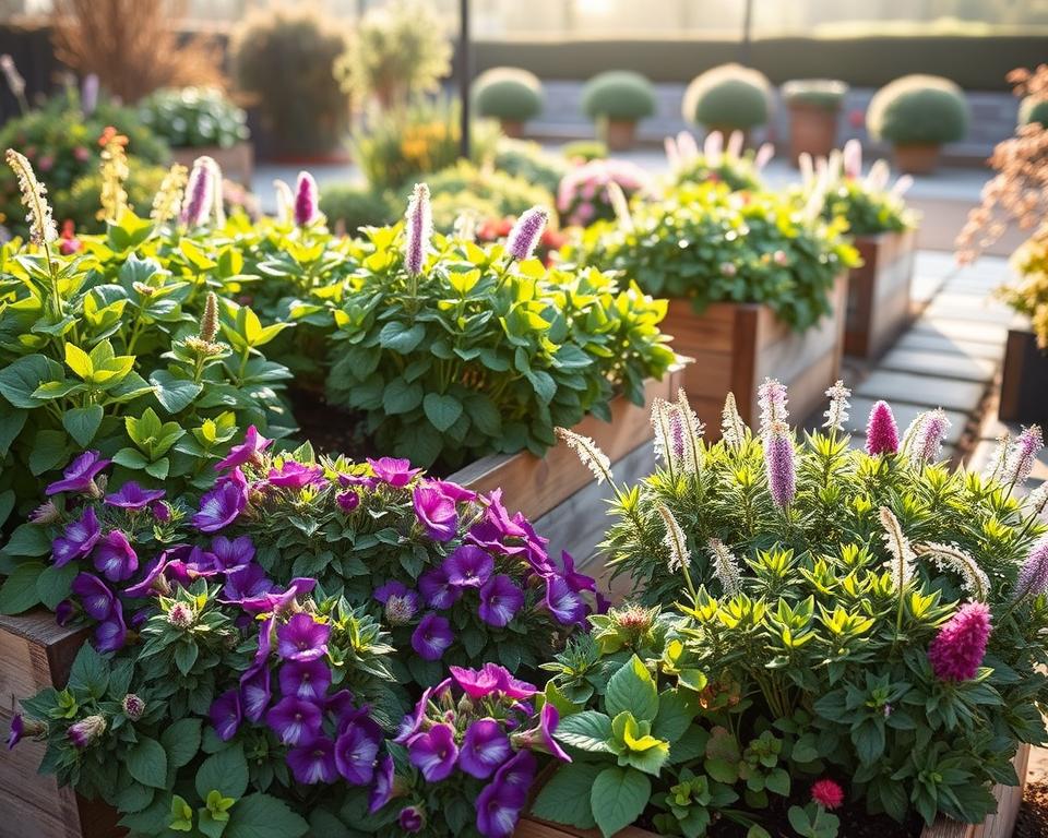 Hardy plants in raised garden beds