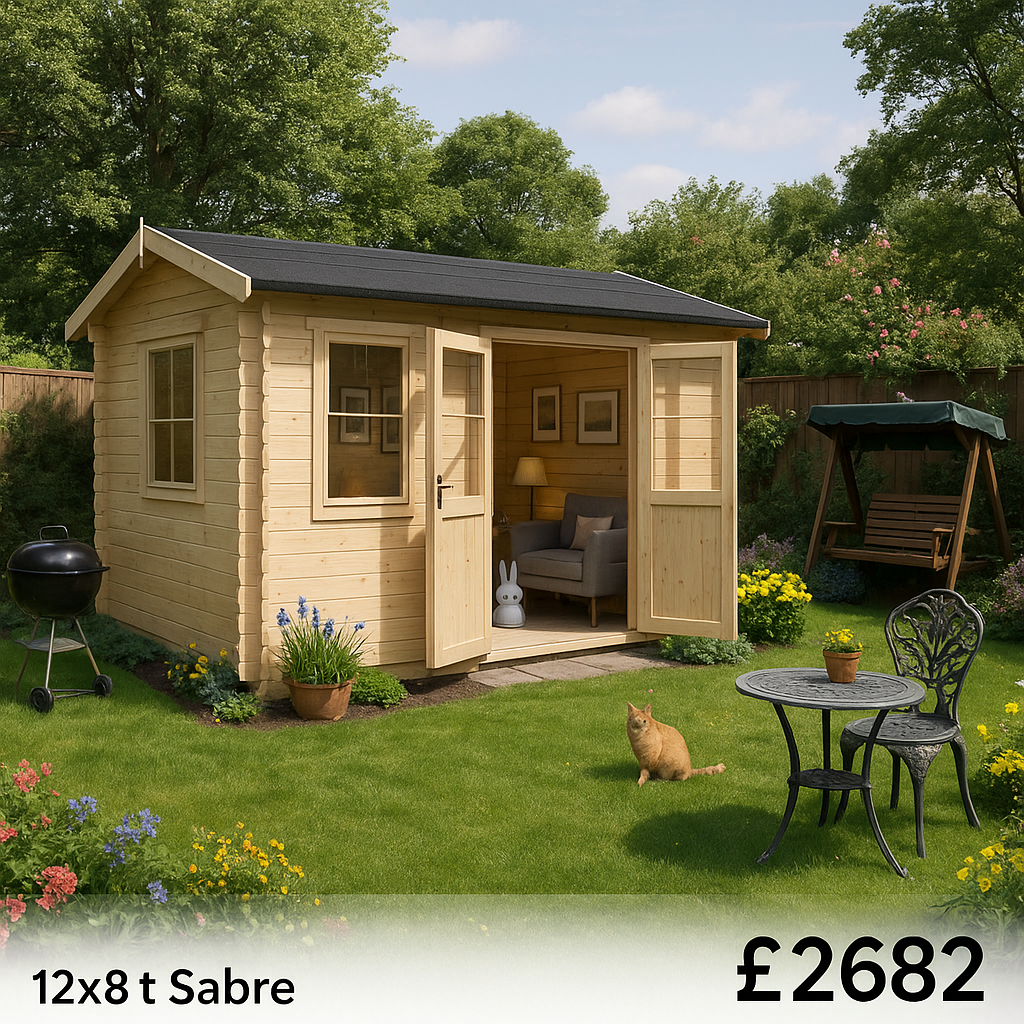 12'x8' Sabre Reduced Height Log Cabin - 28mm Garden Log Cabins - 0% Finance - Buy Now Pay Later - Tiger Sheds