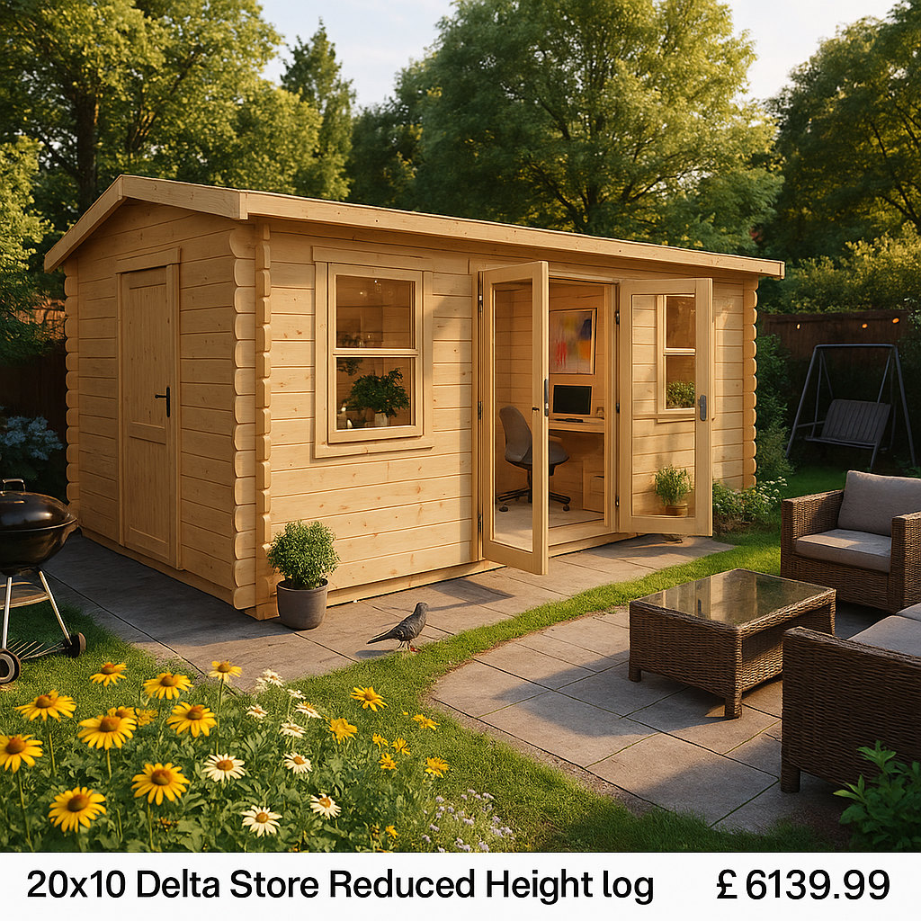 20'x10' Delta Store Reduced Height Log Cabin - 44mm Log Cabin - 0% Finance - Buy Now Pay Later - Tiger Sheds
