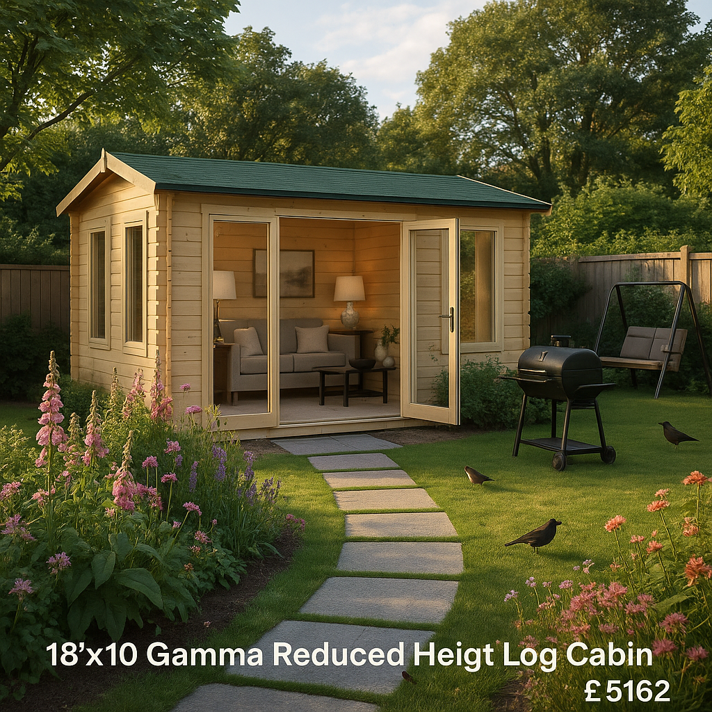 18'x10' Gamma Reduced Height Log Cabin - 44mm Log Cabins - 0% Finance - Buy Now Pay Later - Tiger Sheds