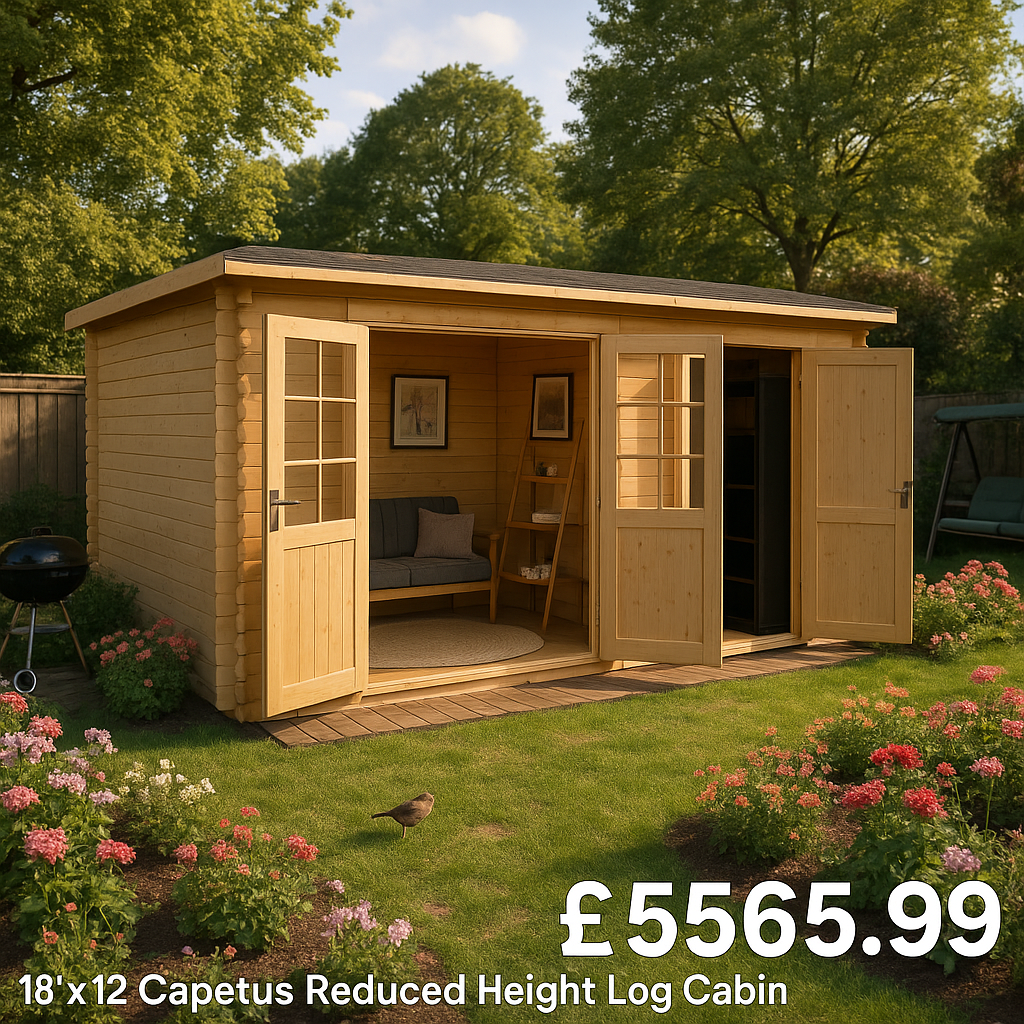 18'x12' Capetus Reduced Height Log Cabin - 44mm Garden Log Cabins - 0% Finance - Buy Now Pay Later - Tiger Sheds