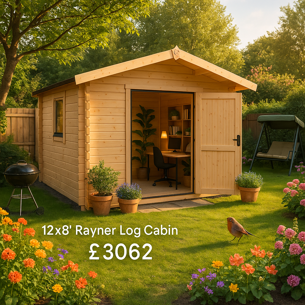 Garden Office - 12'x8' Rayner Log Cabin - Workshop Log Cabins - 0% Finance - Buy Now Pay Later - Tiger Sheds